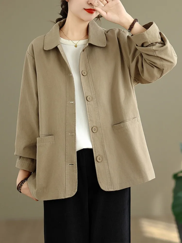 Casual Artistic Women's Workwear Shirt Jacket Loose Fit Long Sleeve Spring Outerwear Mommy Style Large Size Open Cardigan