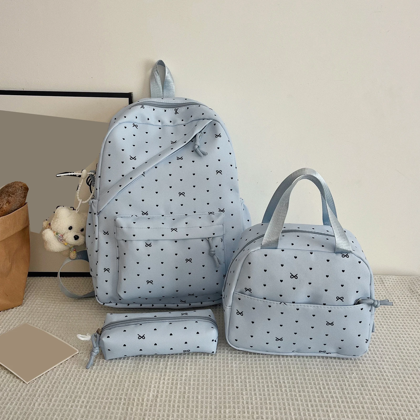 3Pcs Nylon Cute Daypack Large Capacity Bookbag Polka Dot Bow with Pendant for Travel Outings Picnics Recreational Activities