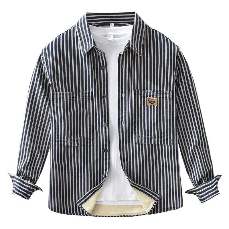 

Полосатая рубашка в японском стиле, мужская рубашка с длинным рукавом, 2026, новые мужские рубашки, рубашка из чистого хлопка с лацканами и двойным карманом, повседневные повседневные рубашки