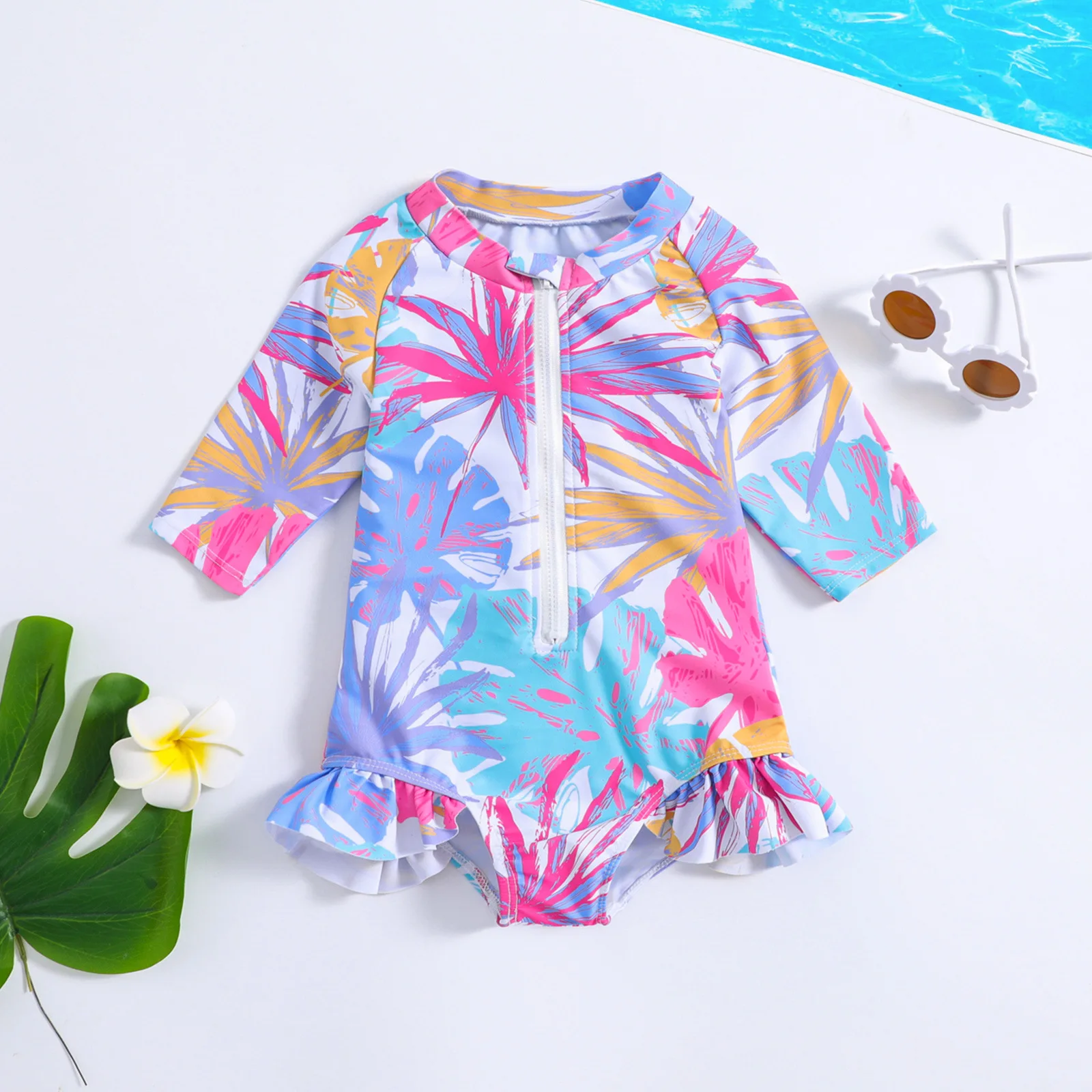 Baby one piece swimsuit with tropical palm leaf print,mid sleeve zipper ruffle,suitable for seaside and pool play