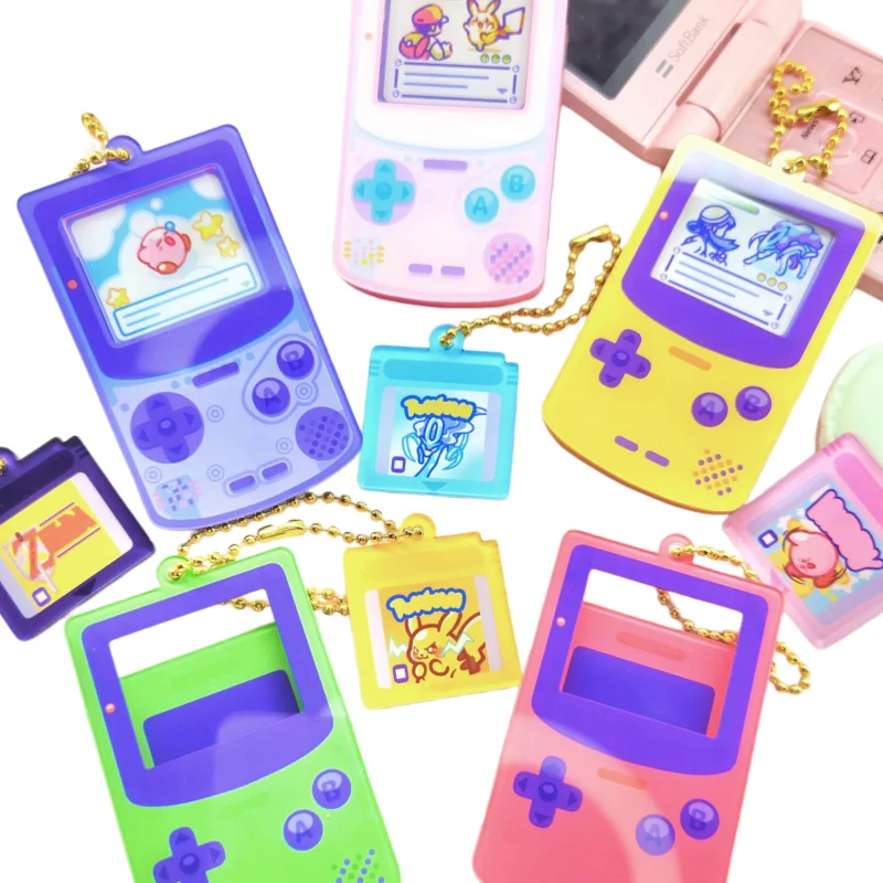 Retro Handheld Game Console Shaker Keychain Set Cute Pokemon and Kirby Themed Acrylic Nostalgic Style Moving Pendant Accessories