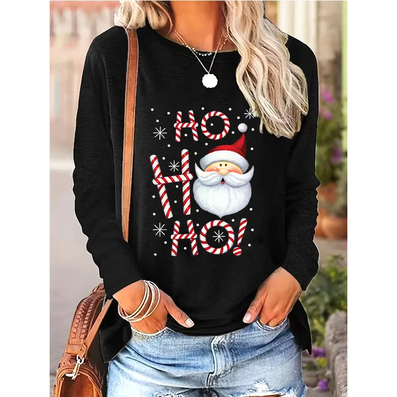 

Праздничная футболка с графическим принтом Санта-Клауса и конфетной трости, женская повседневная футболка с длинным рукавом и круглым вырезом, футболки с графикой Y2k, топы, одежда
