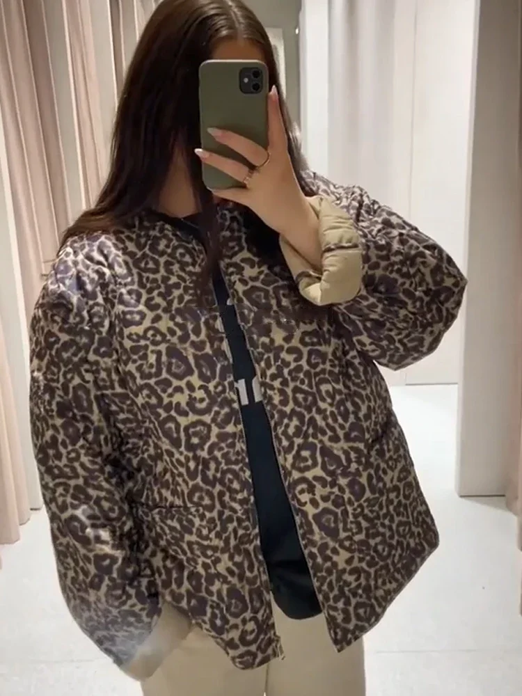 ZBZA Women's Leopard Print Quilted Jacket Coat Retro O-neck Zipper Loose Double Pocket Bomber Jacket Fall Winter Chic Overcoat