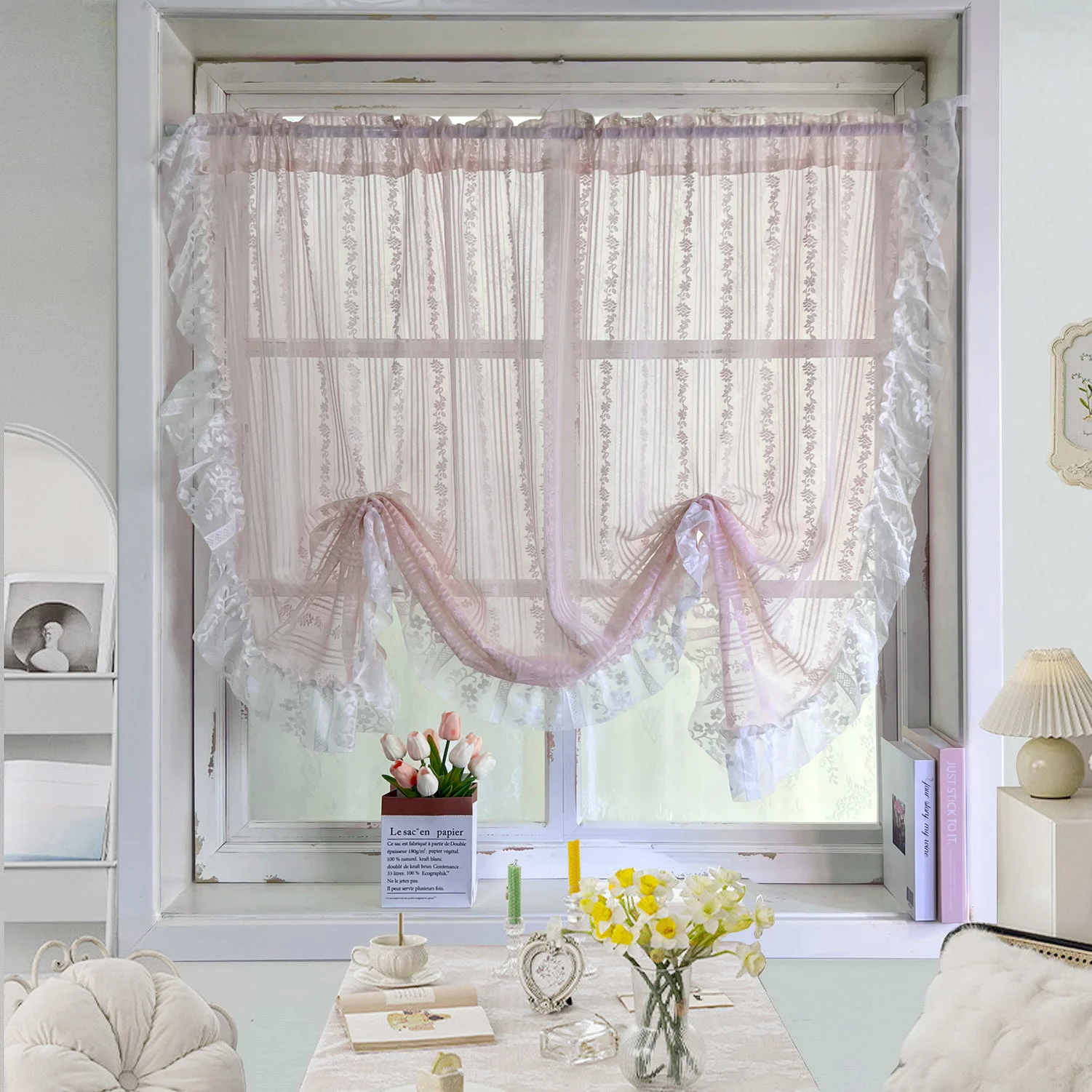 Romantic Ruffles Lace Barry Curtains Pastoral Floral Sheer Curtains for Cafe, Girls Room, Bedroom Decoration