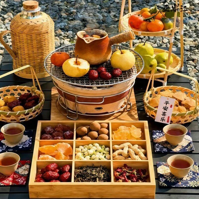 Creative Chinese Style Bamboo Fruit Tray Outdoor Winter Tea Time Snack Storage Plate Friend Gathering Nine Grids Dry Fruit Di...