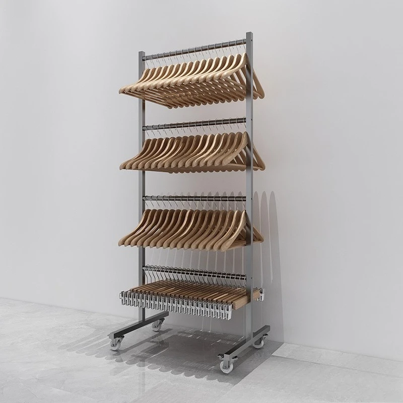 Clothing store stainless steel pulley mobile multi-layer floor hanger storage rack