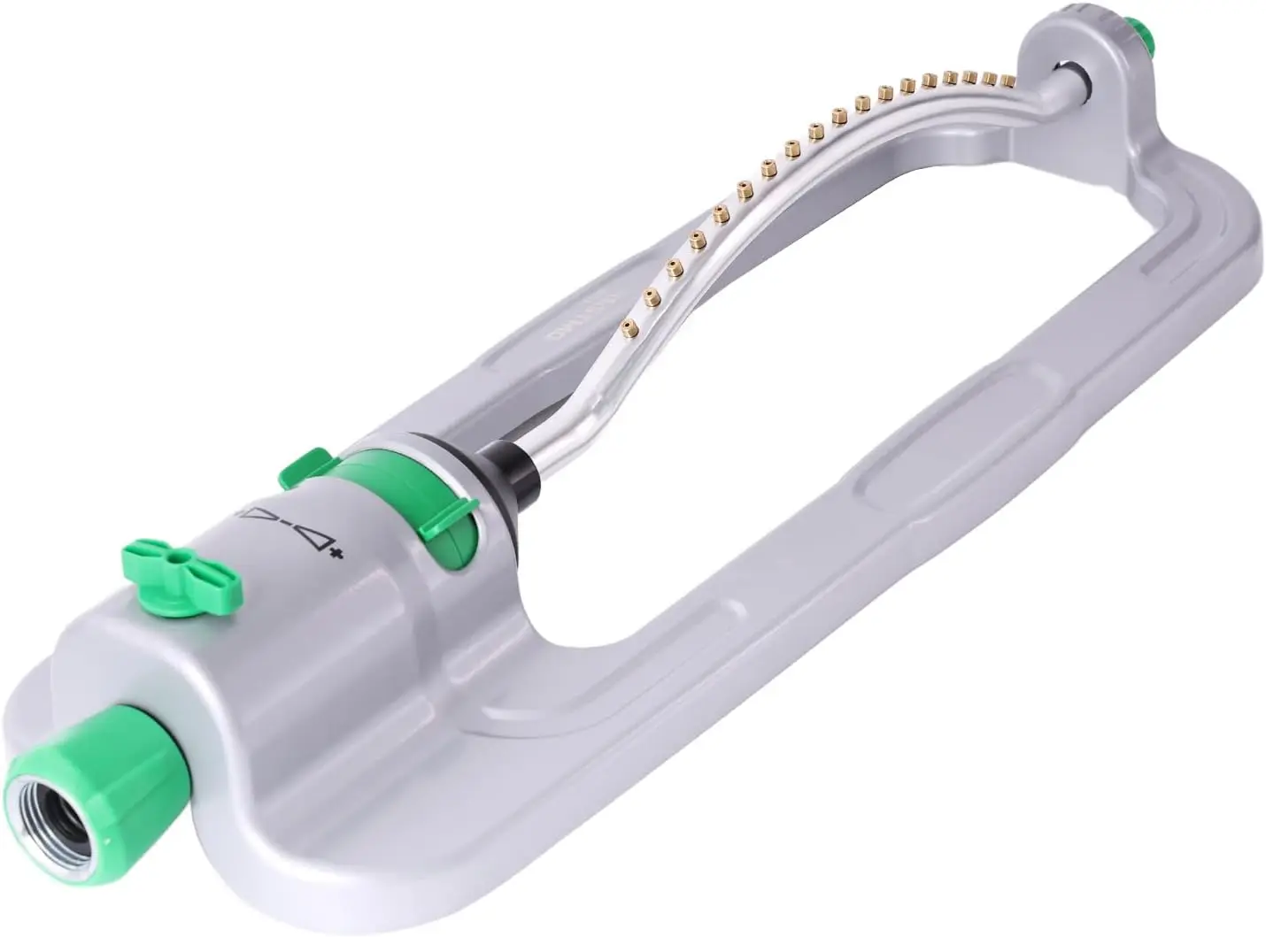 

Heavy Duty Oscillating Sprinkler with 18 Brass Nozzles, Stable Metal Base, Adjustable Flow & Width for Large Yard Irrigation