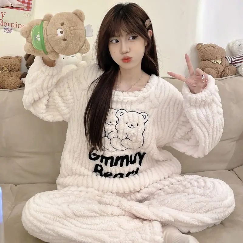 Pajamas Women Autumn Winter Coral Fleece Thickened Velvet Padded Loose Sleepwear Flannel Warm Stand Collar Student Homewear Suit