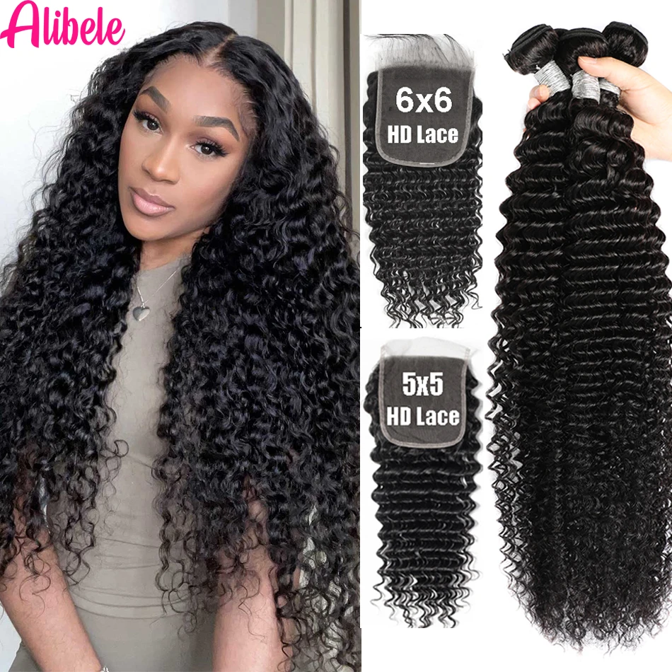 6x6 Lace Closure With Bundles Brazilian Deep Wave Bundles With 5x5 Lace Closure Remy Curly Hair Weave Bundle With Closure