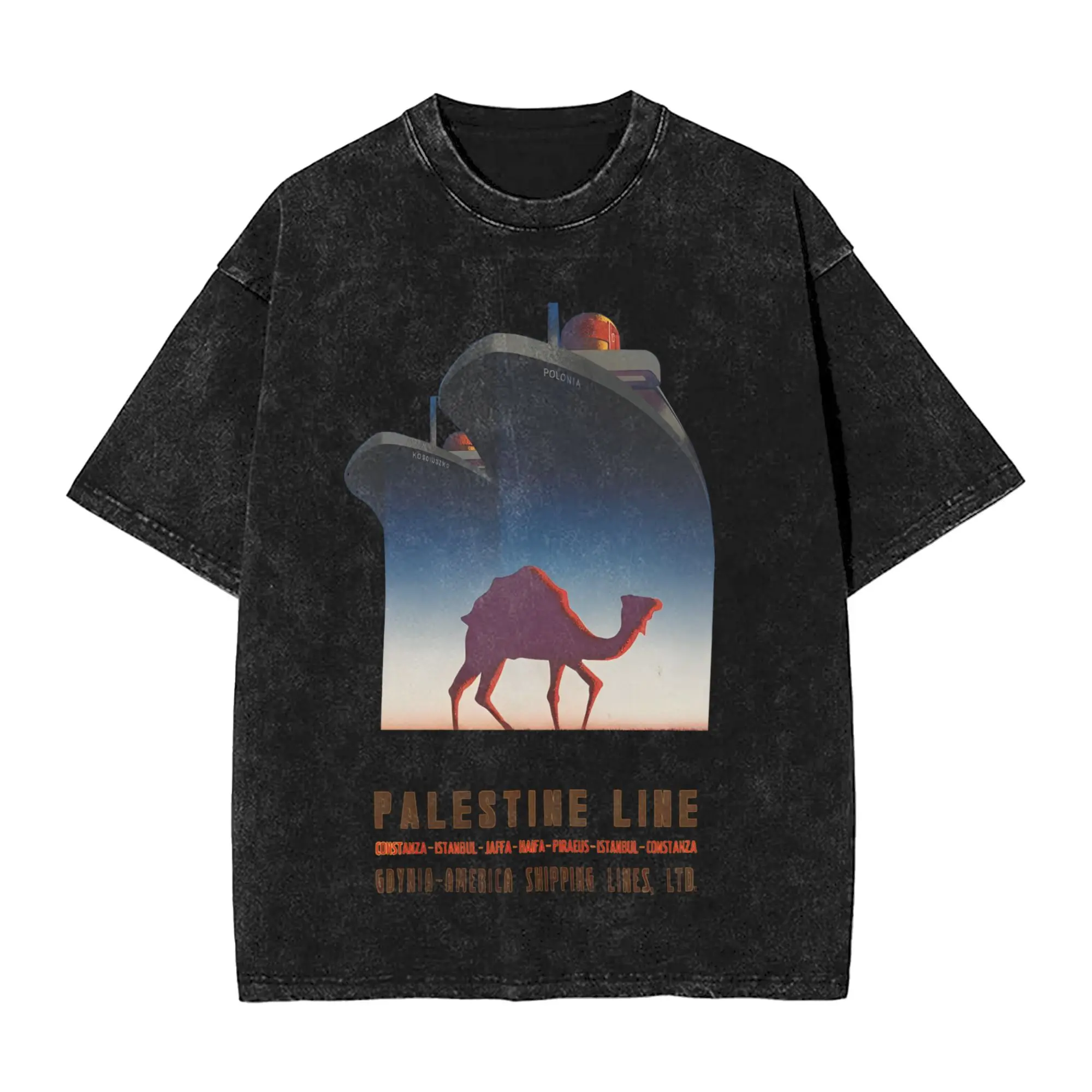 Palastined Line Camel Camisetas masculinas lavadas camisetas de lazer manga curta gola redonda camisetas de algodão puro tamanho grande