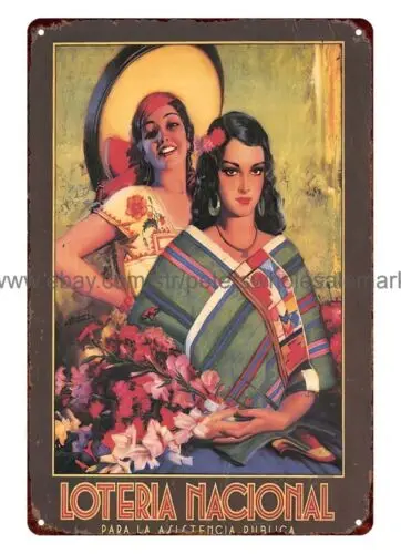Letrero de hojalata con arte de calendario mexicano de los años 40, Lotería Nacional, artista Armando Drechsler