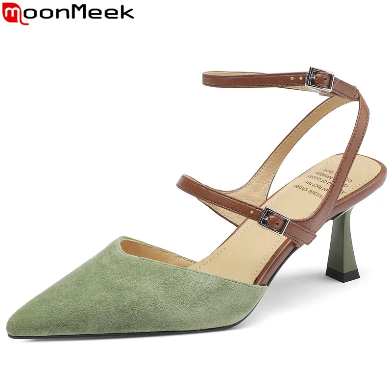 

MoonMeek 2023 New Size 34-42 Mixed Colors Ladies Slingbacks Sandals Woman Kid Suede Summer Shoes Buckle Thin High Heels Shoes