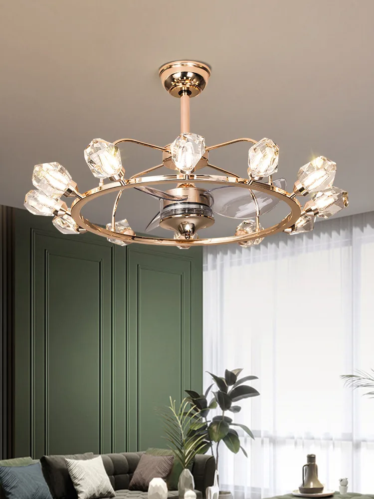 Luxury crystal living room invisible fan light frequency conversion dining room European silent light luxury ceiling fan light