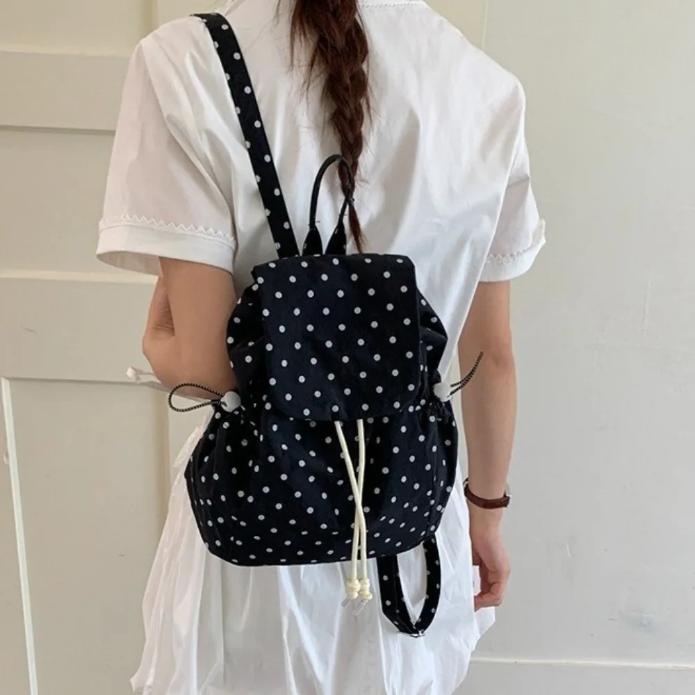 Girl Multiple Pockets Polka Dot Backpack Drawstring Lace-up Korean Versatile Daypack Preppy Cloth Lightweight Backpack Students