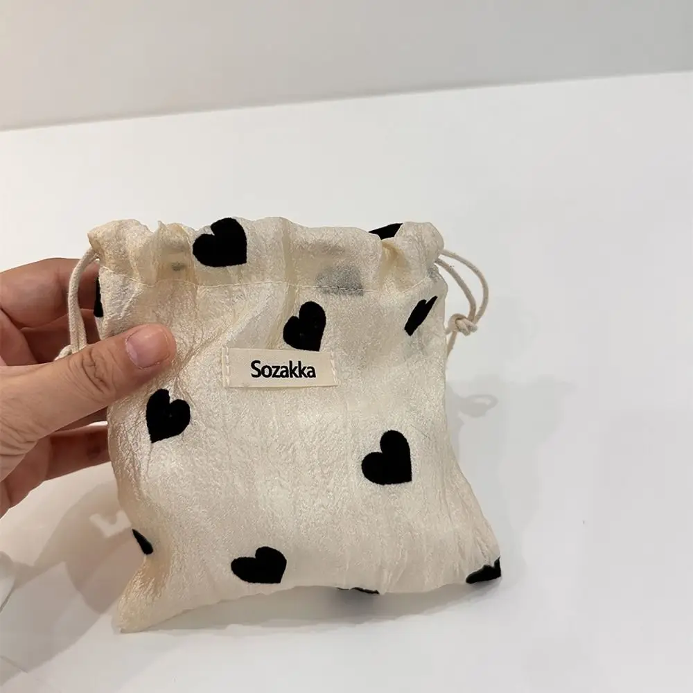 Polyester Love Drawstring Bag Pastoral Literary Style Coin Purse Pull Rope Pouch Champagne Jewelry Storage Bag