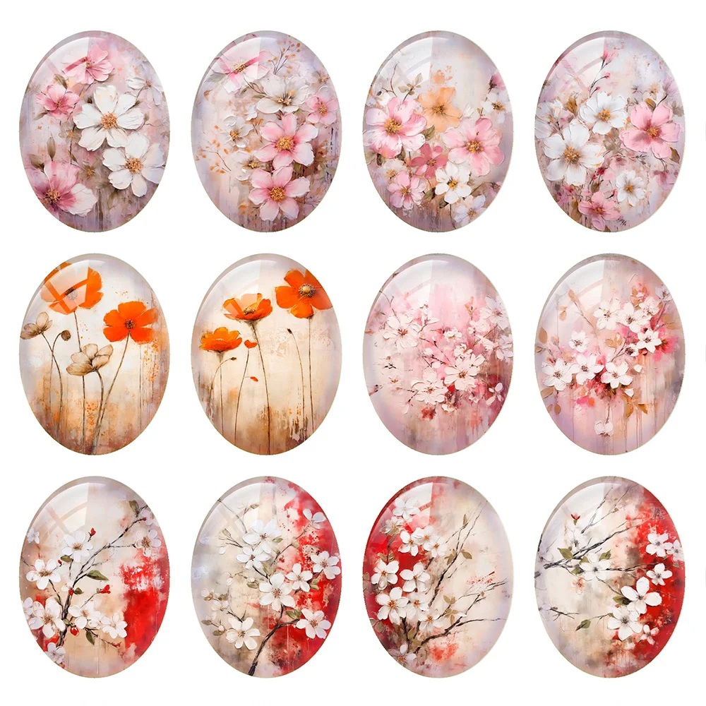Random Mixed Round/Oval/Square Peach Blossom Peony Flower Photo Glass Cabochon Flatback Demo Cameo For Diy Jewelry Making