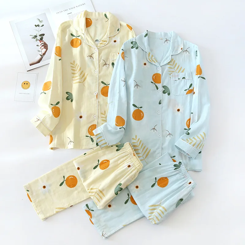 M-XXXL Size spring summer pajamas two-piece ladies 100% cotton gauze long-sleeved trousers simple flowers loose home service set