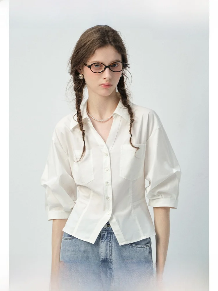 

White Slim Fit irt Women's Spring New Sle VEGA CHANG Bubble Sve Thin Middle Sve Waist Inward Top Commute Sle