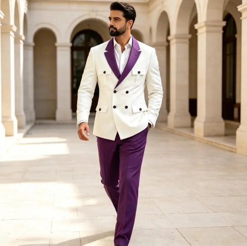 Double Breasted 2 Piece Sets Suits for Men Wedding Tuxedo with Pockets Slim Fit Formal Blazer with Pants Guest Prom Party Suit
