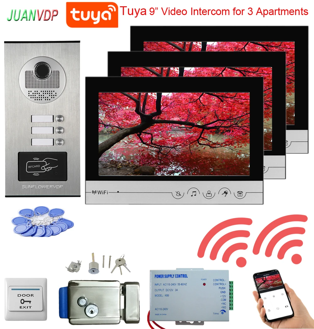 

3 lines 9inch Tuya Video Door Phone Intercom Doorbell With RFID HD IR Outdoor Waterproof Camera Inductive Card Video Door Phone