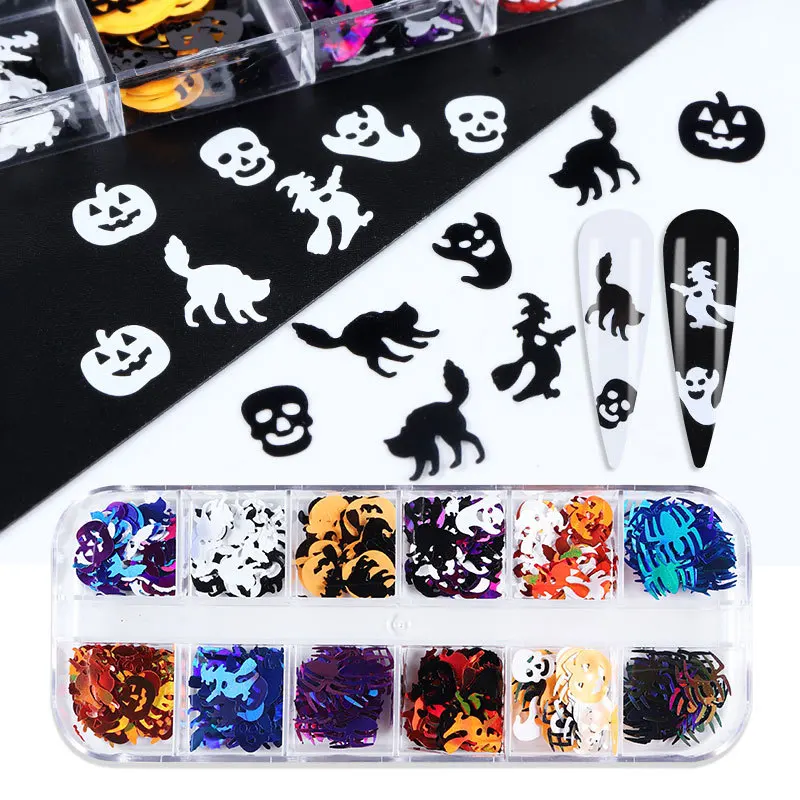 1Box Halloween Nail Art Glitter Sequins Skull Spider Pumpkin Bat Ghost Witch Multi-Designs Halloween Confetti Glitter For DIY