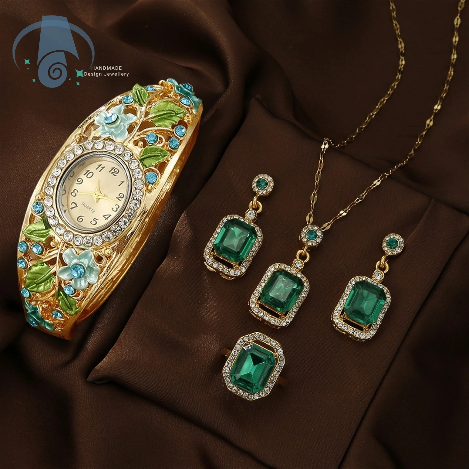 New Cloisonne Watch For Women Vintage Elegant Floral Pattern Enamel Dial Retro Palace Style Bracelet Fashion Jewelry Set Gift