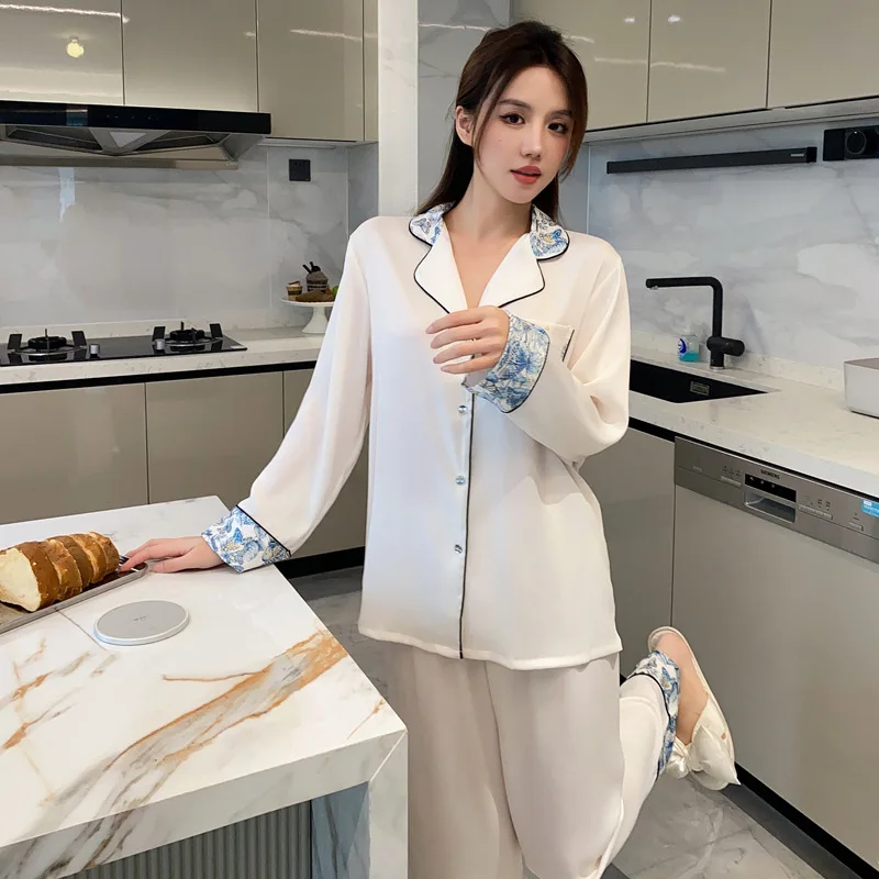 New High Quality Ice Silk Pajamas Women Spring And Autumn Print Long Sleeve Two-piece Casual Breathable Soft Thin Pyjamas Sets