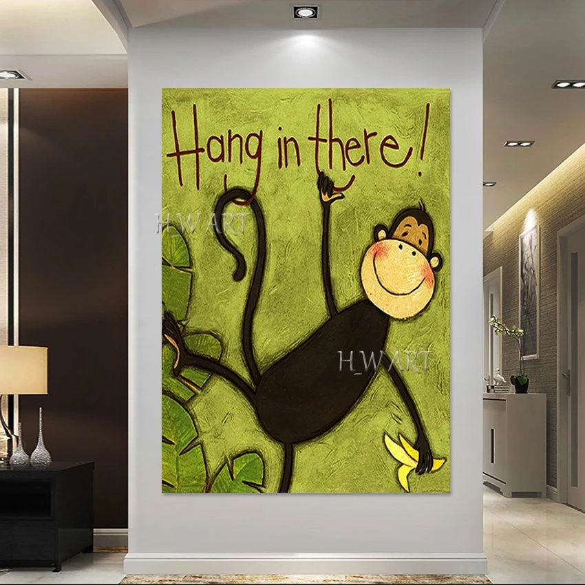 3D Cute Animal Picture Art Wall Frameless Cartoon Artwork Canvas Roll Design Abstract Banana And Monkey Hand Painted Decoration