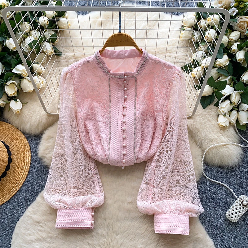 

Весенне-осенняя однобортная кружевная блузка с французскими бусинами, топ, женская новая модная универсальная рубашка с длинными рукавами W77