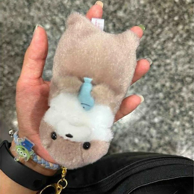 Cartoon Cute Otters Holding Fish Plush Doll With Chain Creative Kawaii Keyrings Hanging Pendant Jewelry School Bag Wallet Charms