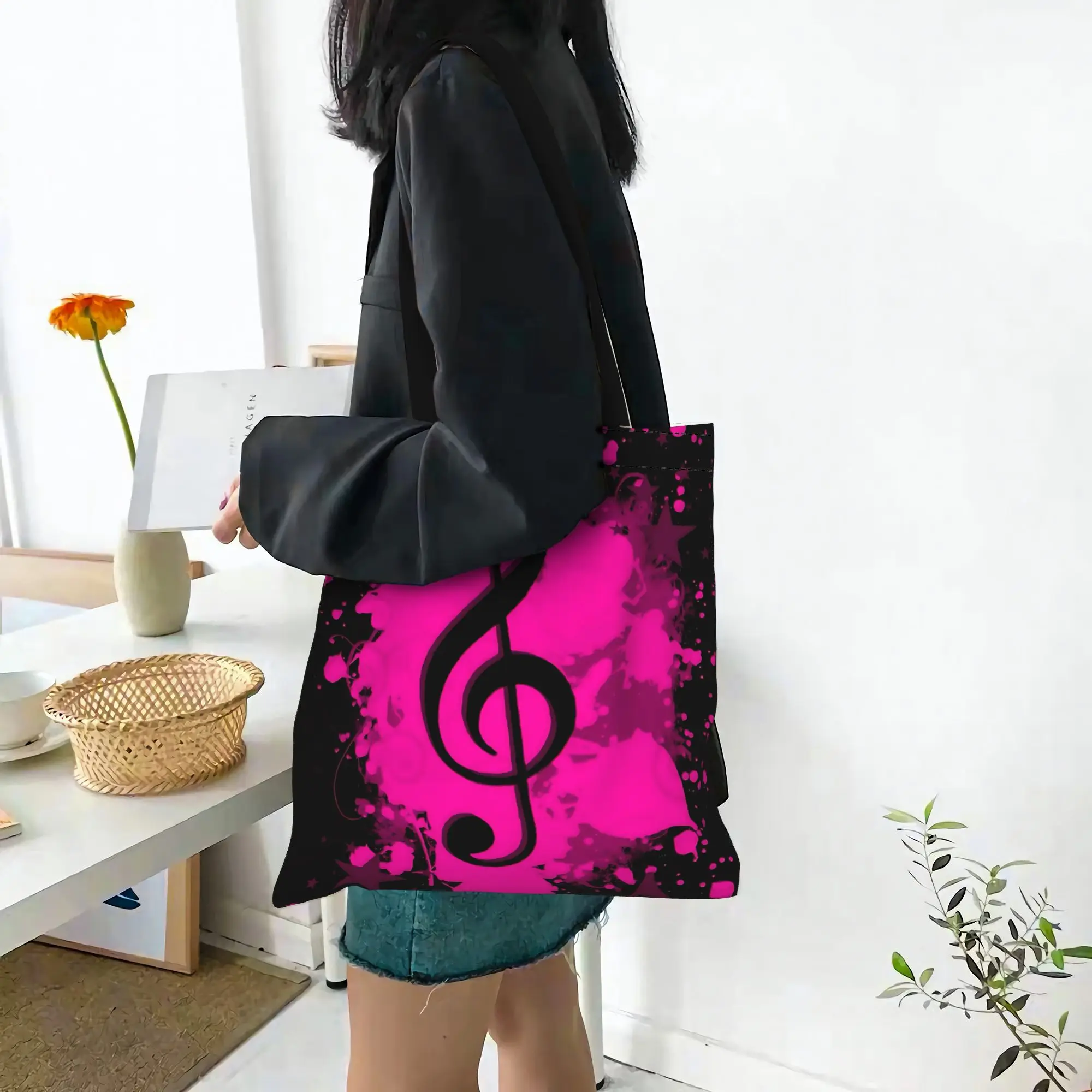 bags for woman 2026 Black & White Music Note Reusable Double Sided Canvas Tote Bag Shoulder  Handbag
