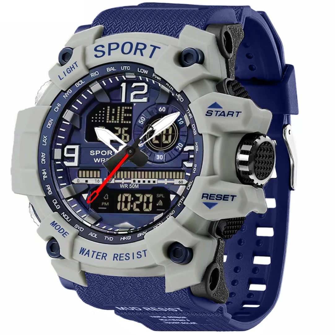ساعة رياضية عالمية مزدوجة 2100 للرجال والنساء، شاشة LED مزدوجة، وظيفة كاملة، توقيت عالمي LED