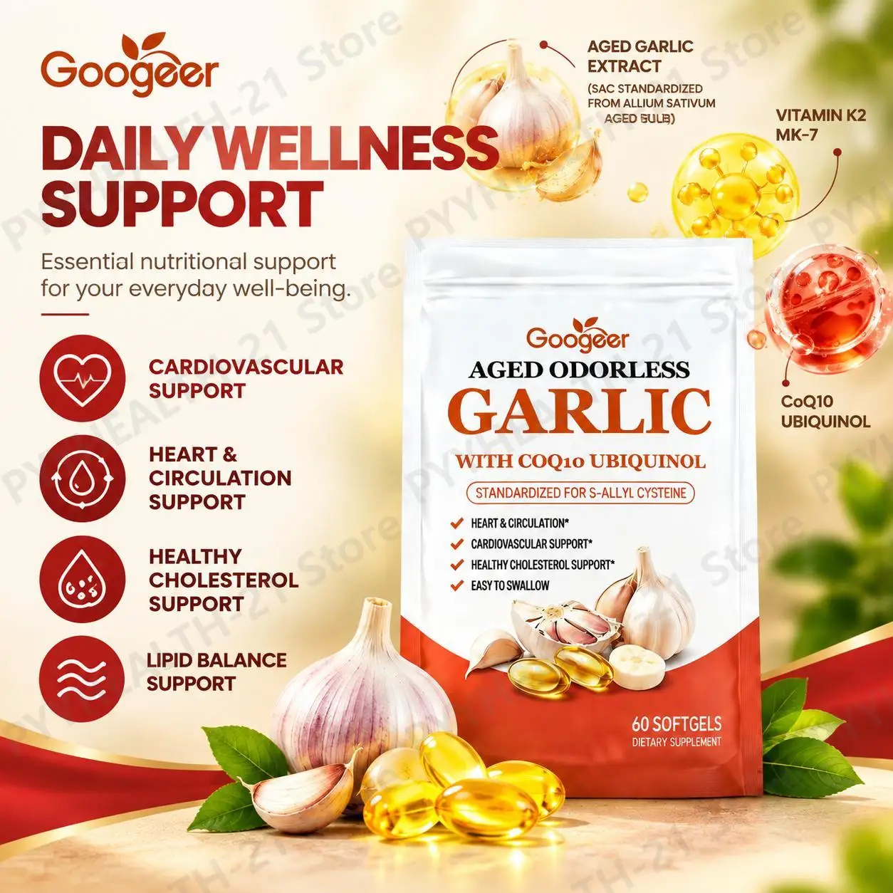 Aged Odorless Garlic Softgels Promote Cardiovascular Health & Immune Balance & Antioxidant CoQ10 Ubiquinol Vitamin K2 SAC 60pcs