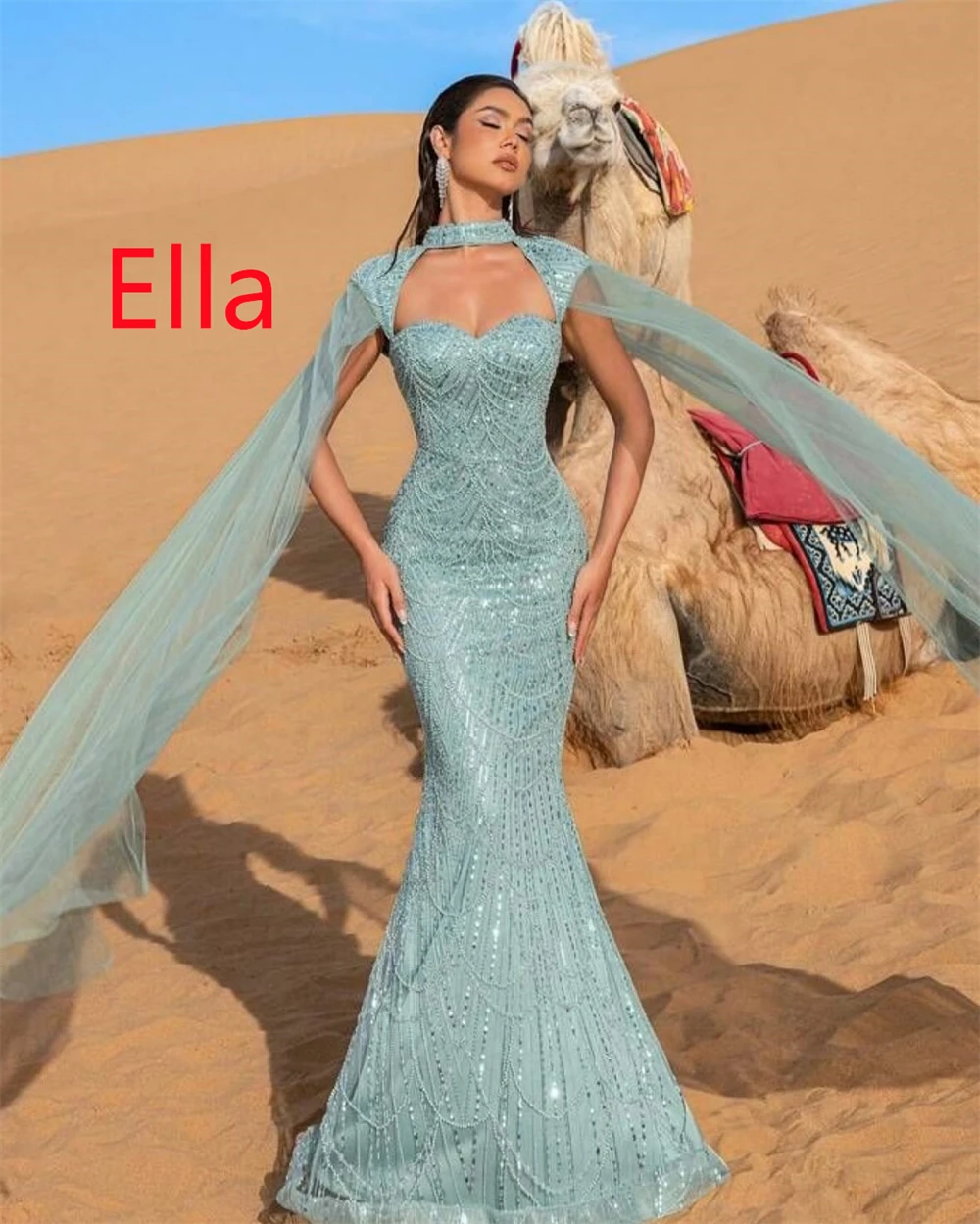 Customized Classic Light Green Organza Evening Dress Exquisite High Neckline Shawl Sleeveless Mermaid Zipper Back Prom Dress