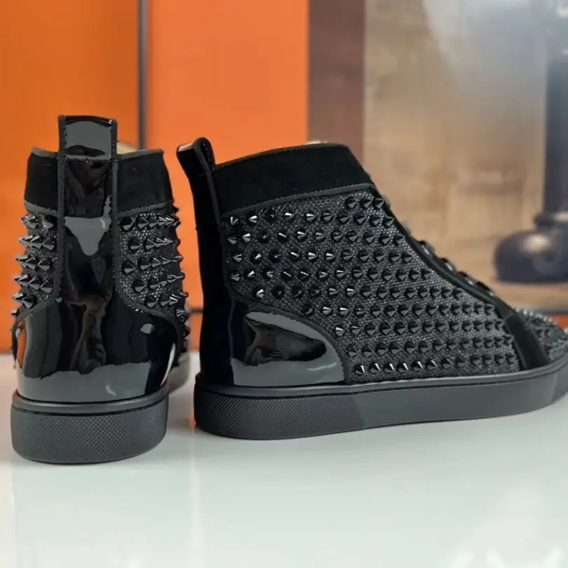 Men's High Top Sneakers All Black Spikes Studded Casual Shoes Punk Rock Gothic Red Bottom Hip Hop Lace Up Flats Zapatos Hombre