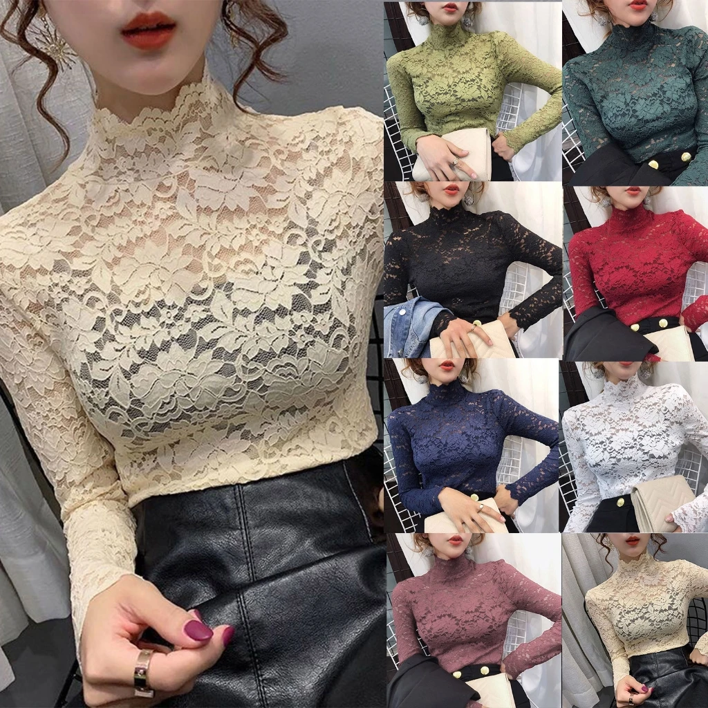 

Women Autumn See Through Floral Lace Shirts Long Sleeve Turtleneck Hollow Out Mesh Blouse Casual Slim Fitted Basic Bottoming Tee