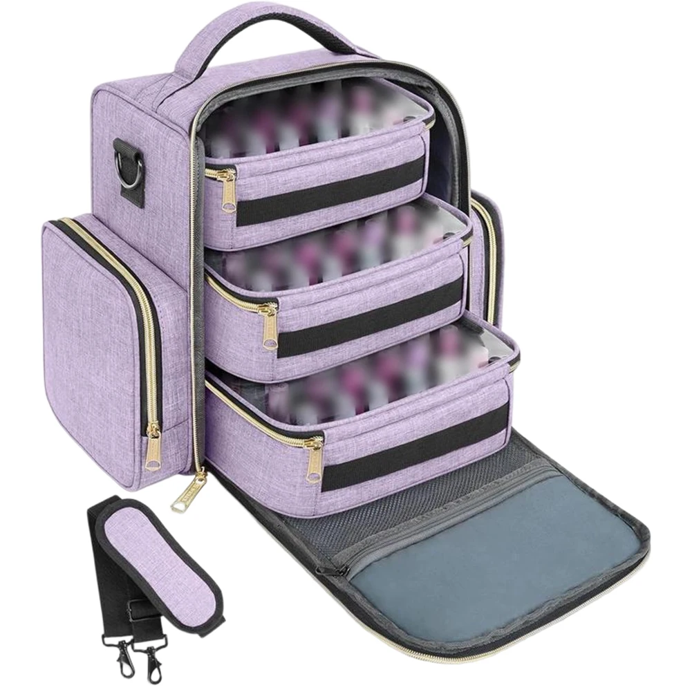 Travel Nail Polish Bag with 4 Detachable Transparent Pouches Front Zipper Back and Side Pockets 32x20x29cm Nylon