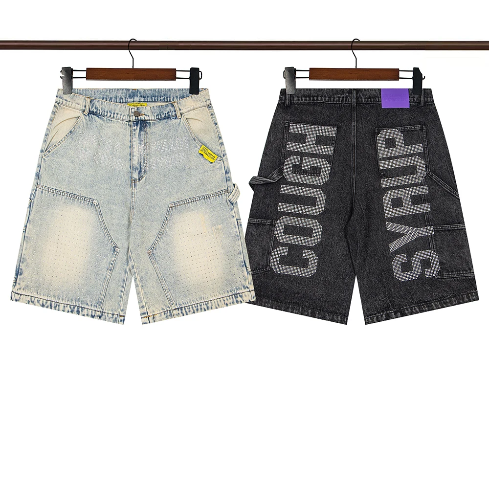 Shinning Diamond Letter Embroidery Washed Jeans Shorts for Men and Women Vintage Baggy Rhinestone Baggy Denim Shorts Oversized