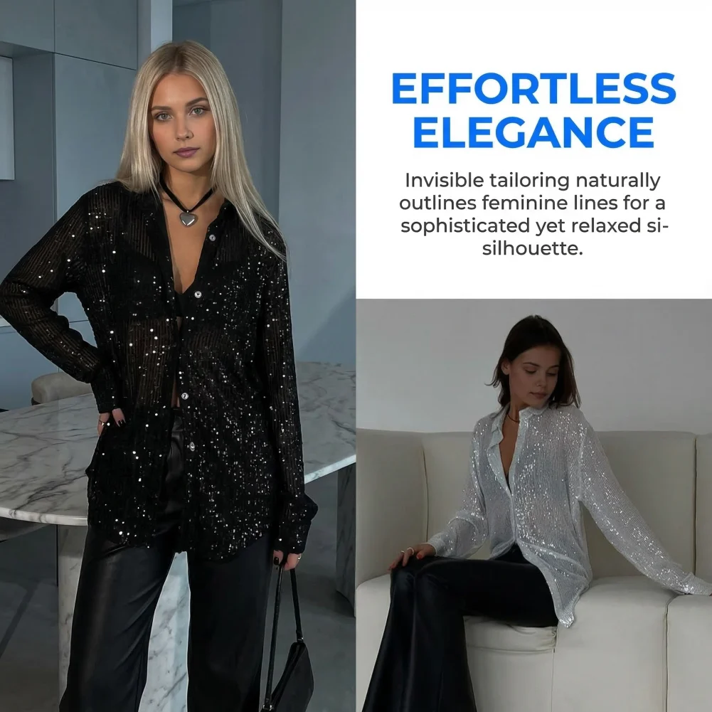 

Buttonless Cardigan Shirt Women Long Sleeve Shirt Women’s Sequined Lapel Shirt Long Sleeve Shiny Cardigan Top Loose Fit Night