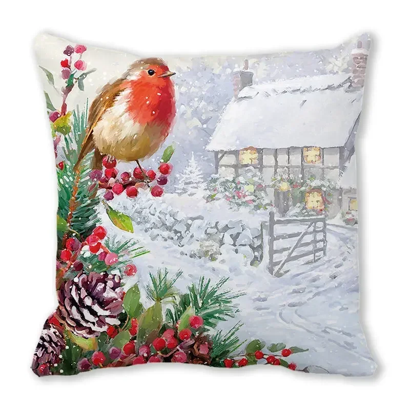 Christmas Decor Cushion Cover 45x45cm Robin Printed Pillowcase Winter Birds Christmas Holly Throw Pillow Cover Home Decorations