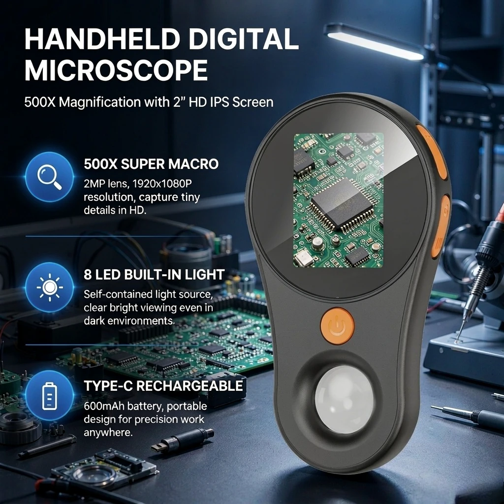 Digital Microscope Handheld 1080P 500X USB Rechargeable Electronic Microscope with Micro Focus Lens HD Magnification Tool for Circuit Board Inspection Soldering Repair Jewelry Stamp Coin Observation Compact Portable Device for Home Workshop Laboratory Use