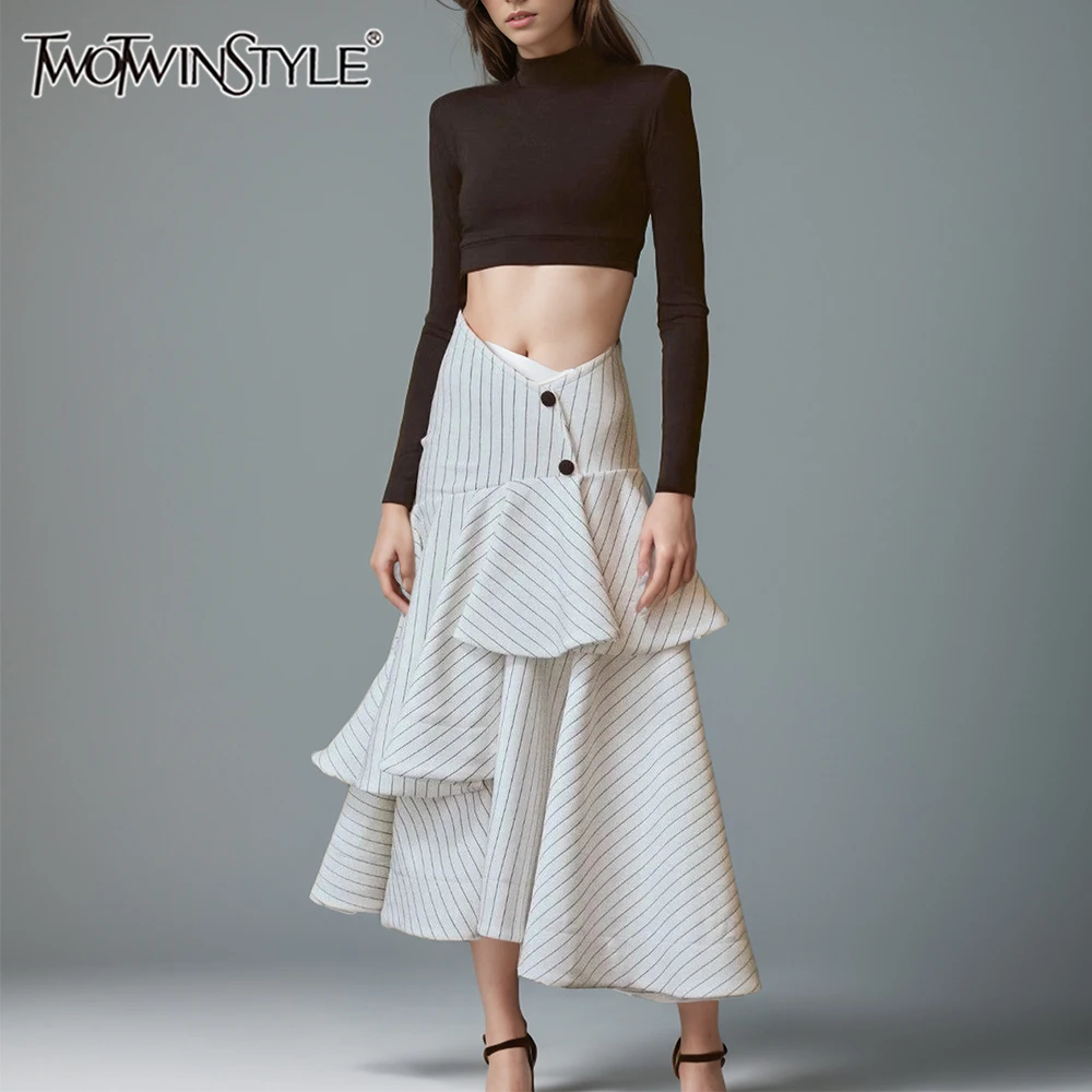 

TWOTWINSTYLE Colorblock Elegant Two Piece Sets For Women Stand Long Sleeve Tops High Waist Striped Skirt Temperament Set Female