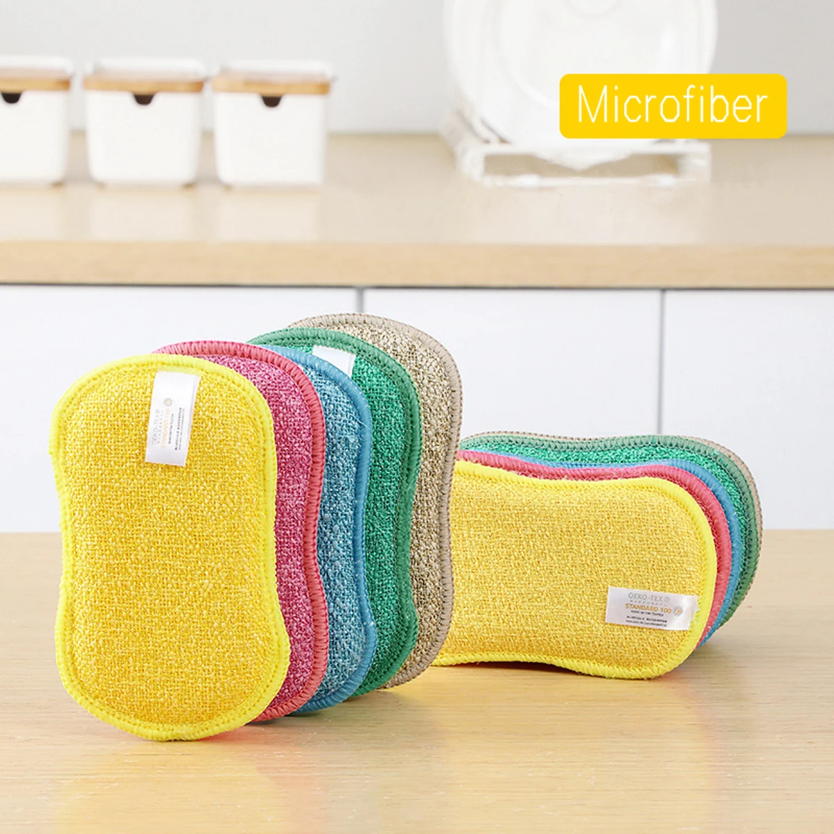 5Pcs Kitchen Double-Sided Wash Dishes Sponge Household Non-Scratch Microfiber Magic Sponge Multi-Purpose Washing Dishes Rag