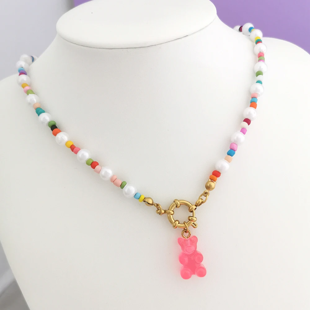 Damen-Halskette Boho Candy Bear Charm Perlen Regenbogen-Choker Imitationsperlen Edelstahl Federverschluss DIY Großhandel Perlen – Detail 9