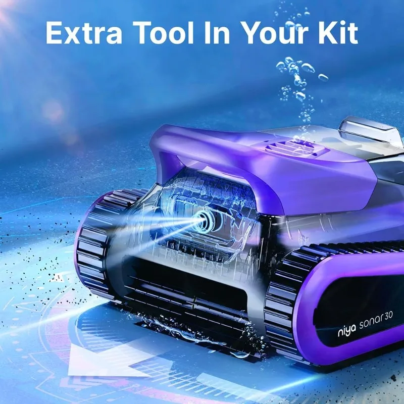 منظف حمام السباحة الآلي اللاسلكي Niya Sonar 30 من The Creators of Dolphin، يصل إلى 33 قدمًا في طول حمام السباحة، وتسلق الجدار