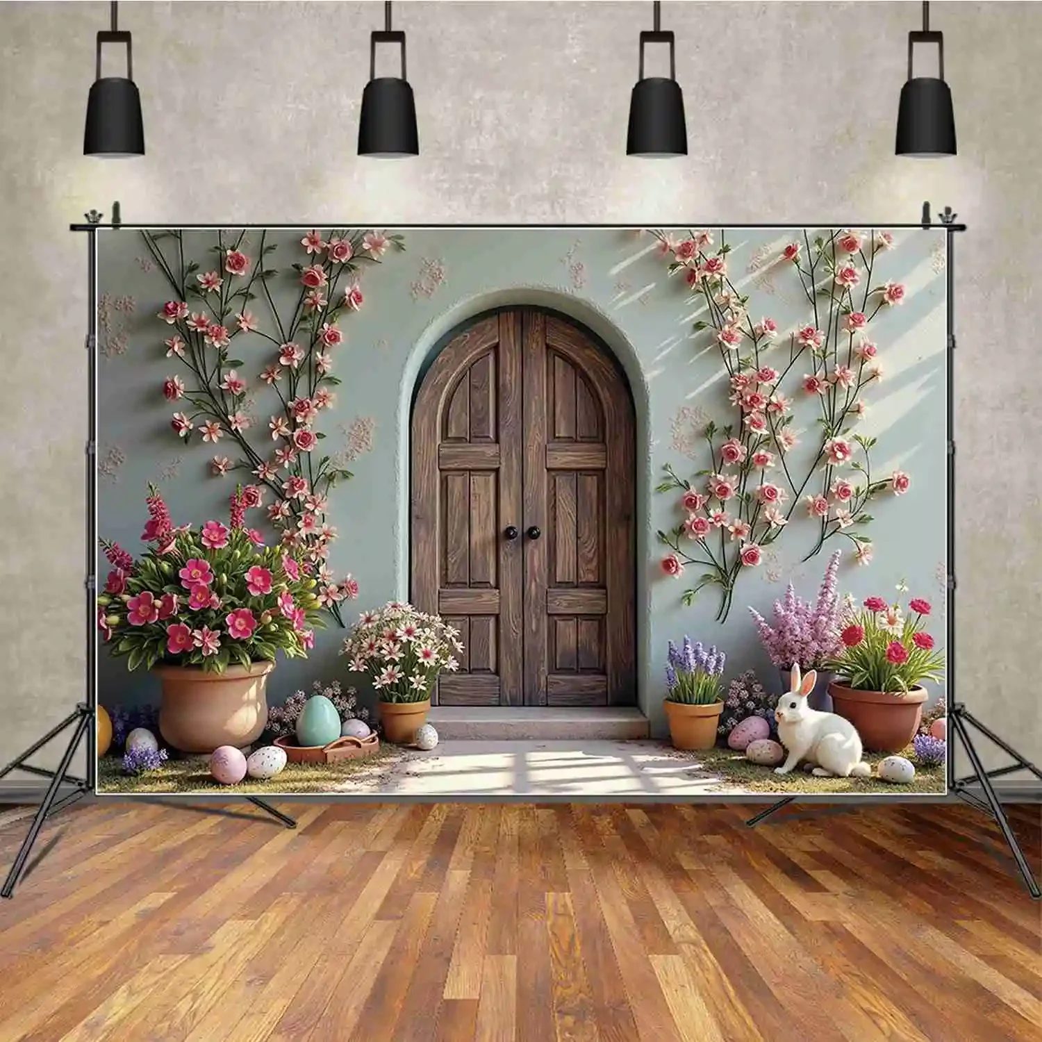 MOON.QG 행복한 부활절 토끼 사진 배경, 숲 집, 다채로운 계란 포토존 배경, 어린이 스튜디오 포토부스 소품