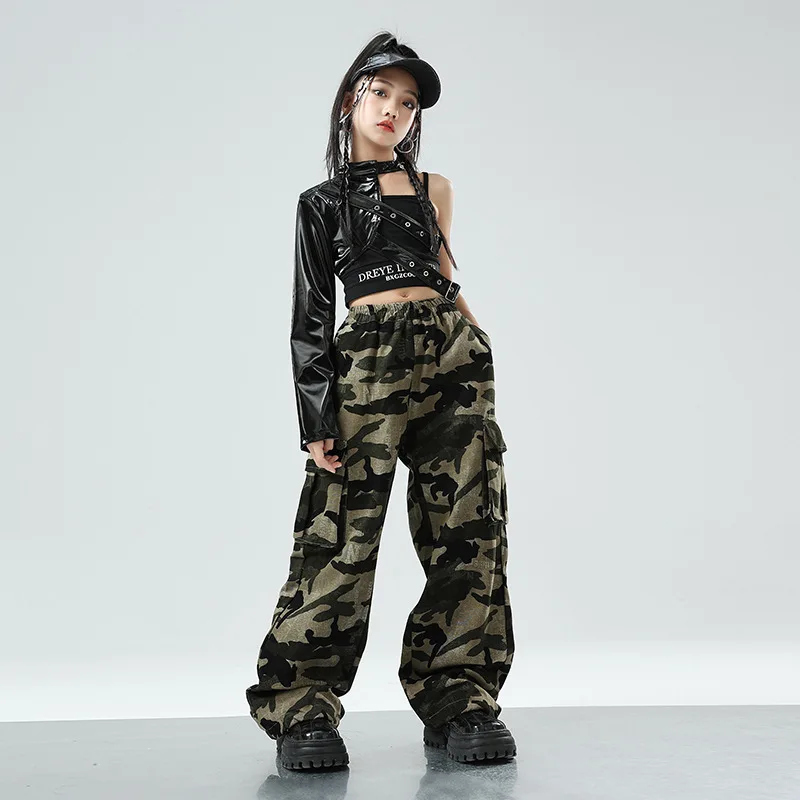 Nuove ragazze costume da ballo jazz in pelle manica singola pantaloni mimetici tuta gruppo abiti da ballo di strada set fantastici abiti hip-hop
