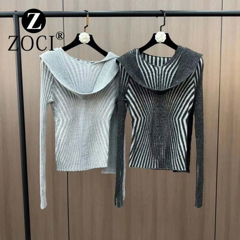 [ZOCI] Autumn Winter Scarf Hooded Long Sleeved Color Striped Pattern Waist Elastic Knit Sweater