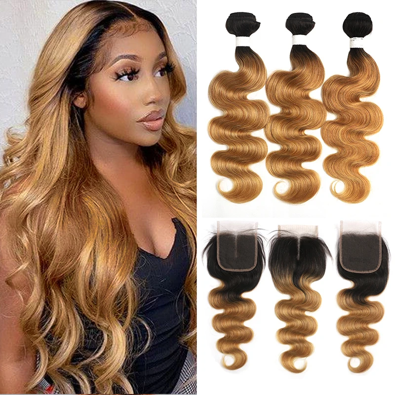 Ombre Blonde Body Wave Menselijk haarbundels met sluiting 4x4 Braziliaanse niet-Remy Menselijk haar Weave Extensions met sluiting Kemy-haar