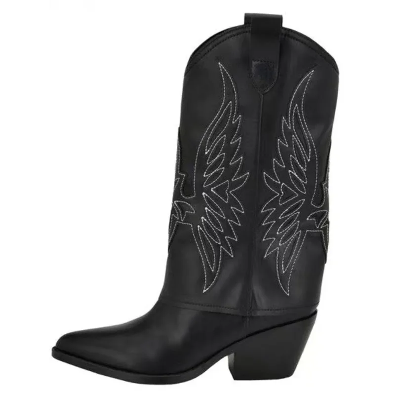 

2024 Sewing Winter Boots Pointed Square Heels Calf Boots New Chelsea Black/white Leather Women's Boots 35-43 Pasture Punk Shoes